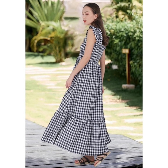 Gingham Print Plaid Smocked Spaghetti Straps Flouncy Long Dress in Navy Blue - Picture 4 of 6